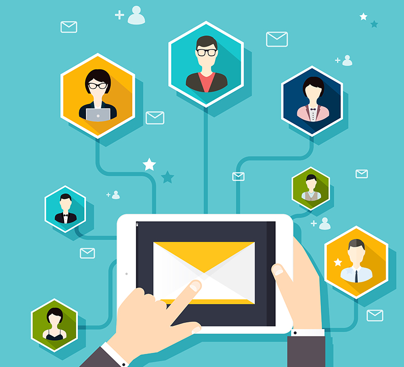 Marceting сoncept of running email campaign, email advertising, direct digital marketing. Flat design style modern vector illustration concept.